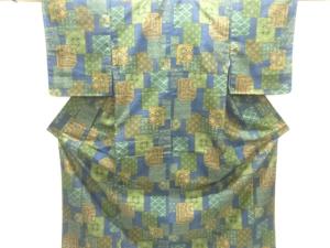 未使用品　色紙に抽象模様織出し十日町紬着物